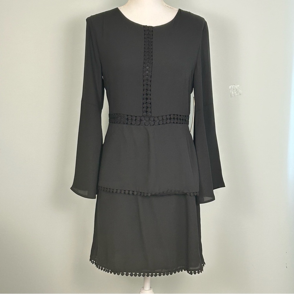 Aqua Black Tiered Long Bell-Sleeved Dress with Embroidered Trim